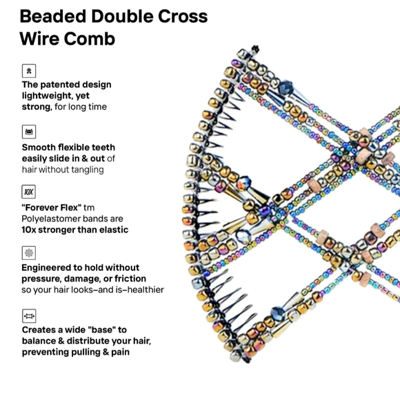 Stretch Combs Double Cross Beaded Hair Clip for Thick Curly Hair - Med - Picture 5 of 11